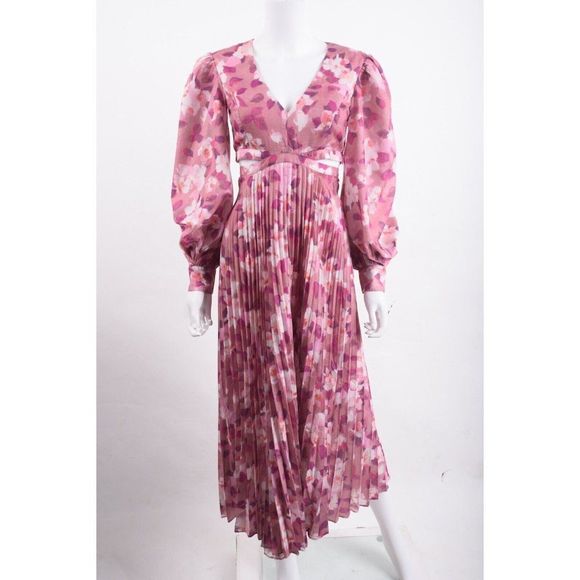 Bardot Womens Pleated Cut-Out Midi Dress Pink Garden Floral NWT - Picture 3 of 8